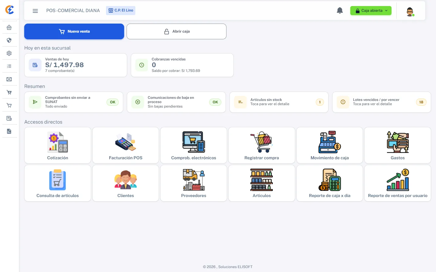 C-Fact — Inicio con accesos y ventas del día