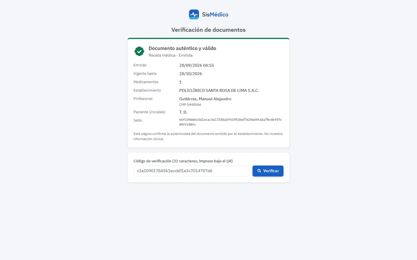 SisMédico — Verificación pública de recetas