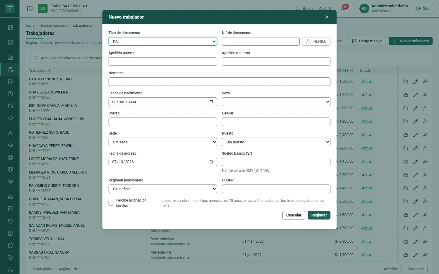 Talentum ERP — Alta de trabajador