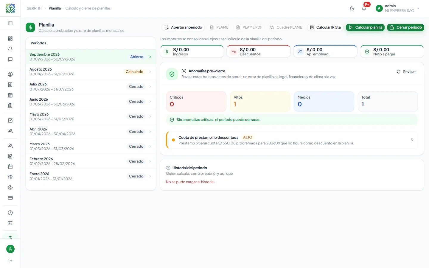 Talentum — Planilla con control pre-cierre